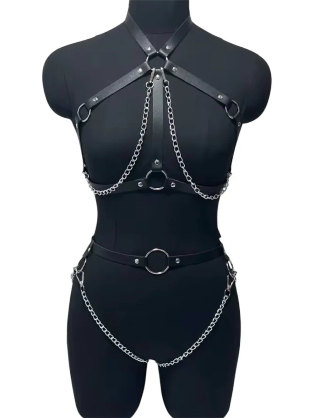 Women Fashion Full Body Chain Leather Waist Belt and Thigh Garter Set Harness